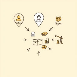 A professional doodle-style illustration for a corporate presentation featuring three location markers labeled visually by icons representing AlUla, Khaybar, and Tayma, connected by arrows leading into a central circle