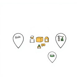 A professional doodle-style illustration for a corporate presentation featuring three location markers labeled visually by icons representing AlUla, Khaybar, and Tayma, connected by arrows leading into a central circle