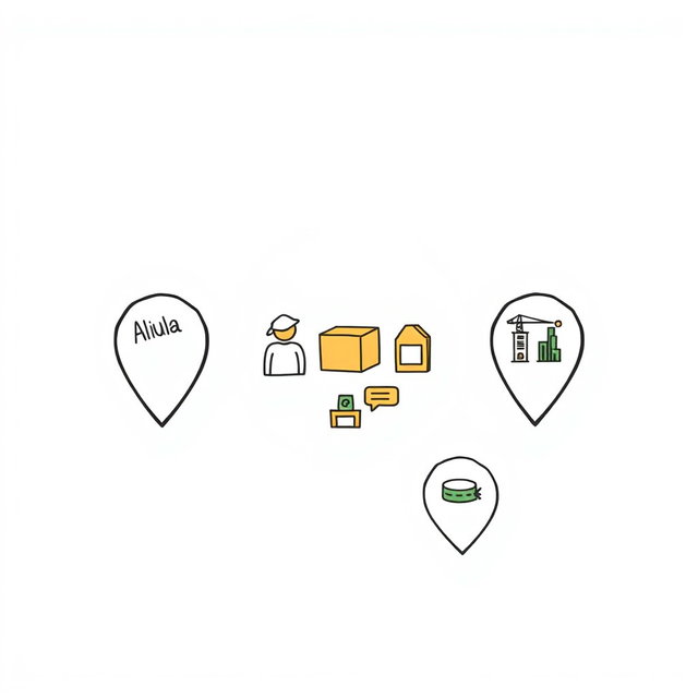 A professional doodle-style illustration for a corporate presentation featuring three location markers labeled visually by icons representing AlUla, Khaybar, and Tayma, connected by arrows leading into a central circle