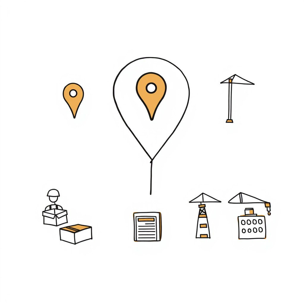 A professional doodle-style illustration for a corporate presentation featuring three location markers