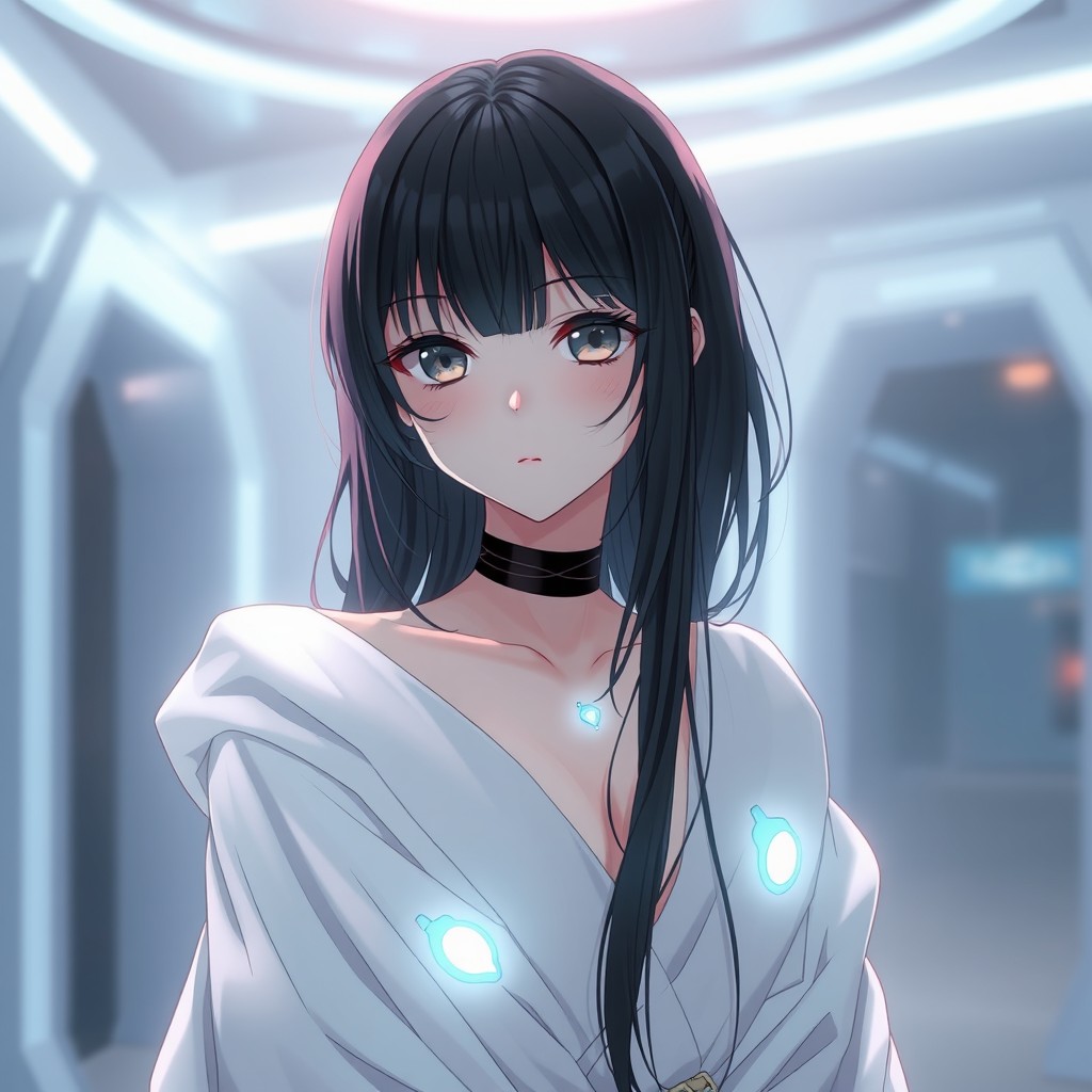 A shy anime girl with beautiful black hair and striking grey eyes, dressed in a flowing white robe that accentuates her delicate features