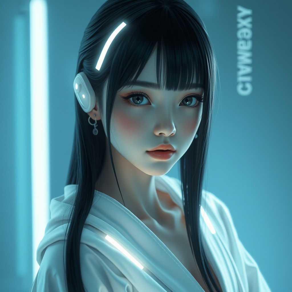 A shy sci-fi girl with sleek black hair and captivating grey eyes, wearing a flowing white robe that drapes elegantly around her