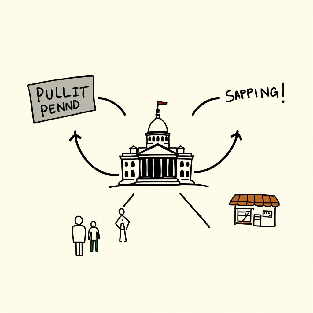 A professional doodle-style illustration for a corporate presentation, featuring a government building at the center surrounded by bold arrows pointing inward, symbolizing public spending