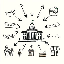 A professional doodle-style illustration for a corporate presentation, featuring a government building at the center surrounded by bold arrows pointing inward, symbolizing public spending