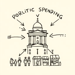 A professional doodle-style illustration for a corporate presentation, featuring a government building at the center surrounded by bold arrows pointing inward, symbolizing public spending