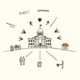 A professional doodle-style illustration for a corporate presentation, featuring a government building at the center surrounded by bold arrows pointing inward, symbolizing public spending