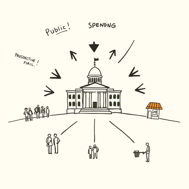 A professional doodle-style illustration for a corporate presentation, featuring a government building at the center surrounded by bold arrows pointing inward, symbolizing public spending