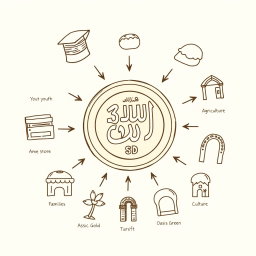 A professional doodle-style illustration for a corporate presentation, featuring a large Saudi riyal coin prominently at the center