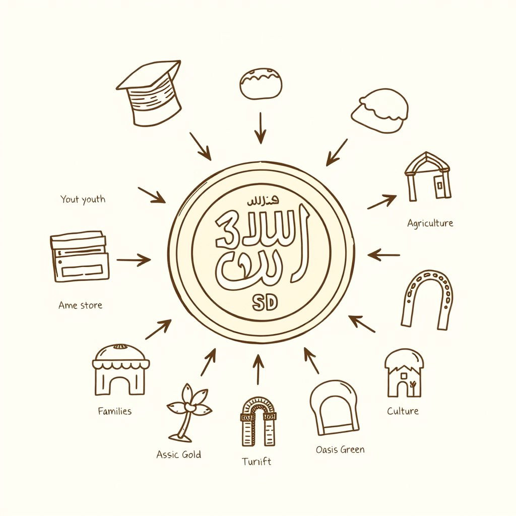 A professional doodle-style illustration for a corporate presentation, featuring a large Saudi riyal coin prominently at the center