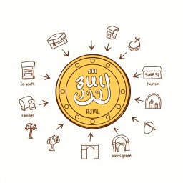 A professional doodle-style illustration for a corporate presentation, featuring a large Saudi riyal coin prominently at the center