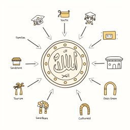 A professional doodle-style illustration for a corporate presentation, featuring a large Saudi riyal coin prominently at the center