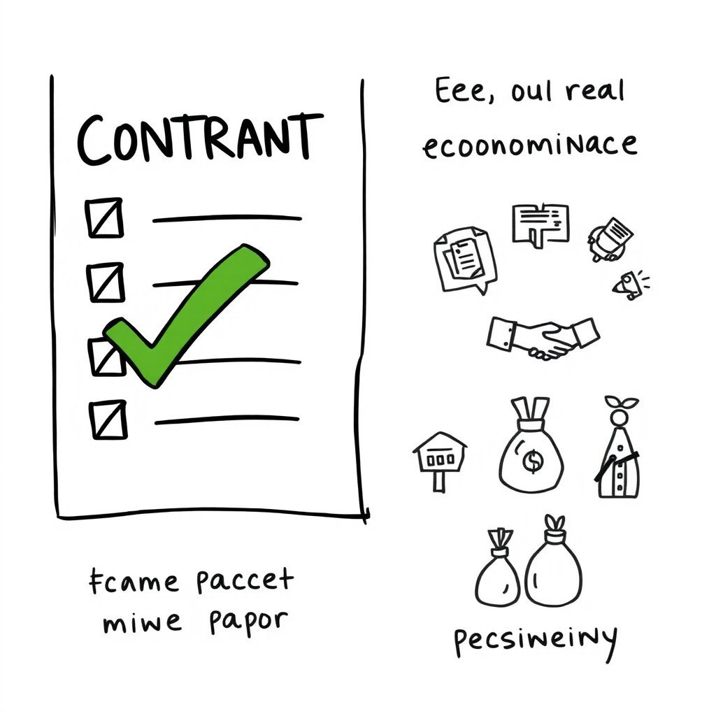 A professional doodle-style illustration for a corporate presentation featuring a contract checklist with a prominent green tick mark on one side, symbolizing rules and compliance