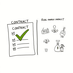 A professional doodle-style illustration for a corporate presentation featuring a contract checklist with a prominent green tick mark on one side, symbolizing rules and compliance