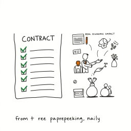 A professional doodle-style illustration for a corporate presentation featuring a contract checklist with a prominent green tick mark on one side, symbolizing rules and compliance