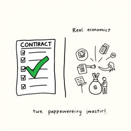 A professional doodle-style illustration for a corporate presentation featuring a contract checklist with a prominent green tick mark on one side, symbolizing rules and compliance