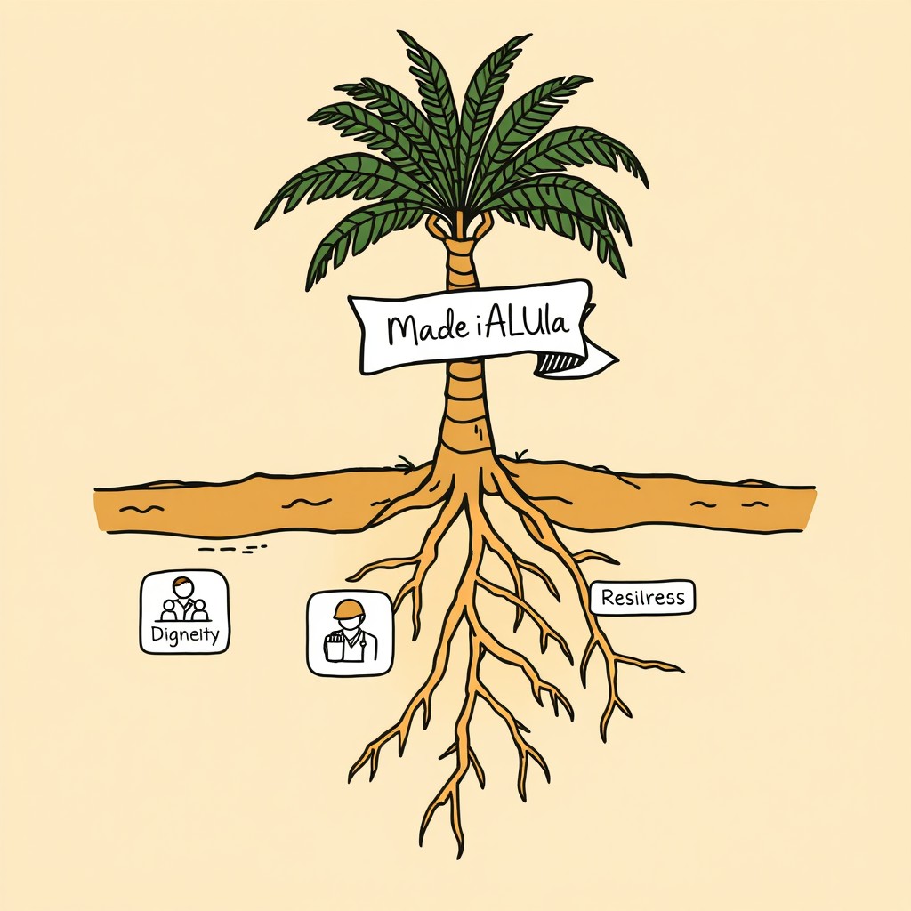 A professional doodle-style illustration for a corporate presentation, depicting roots underground labeled with icons representing different themes: dignity illustrated by a family group, livelihoods by a farmer or worker, and resilience by a palm tree with deep roots