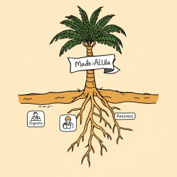 A professional doodle-style illustration for a corporate presentation, depicting roots underground labeled with icons representing different themes: dignity illustrated by a family group, livelihoods by a farmer or worker, and resilience by a palm tree with deep roots