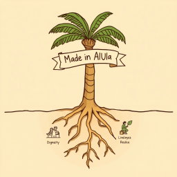 A professional doodle-style illustration for a corporate presentation, depicting roots underground labeled with icons representing different themes: dignity illustrated by a family group, livelihoods by a farmer or worker, and resilience by a palm tree with deep roots