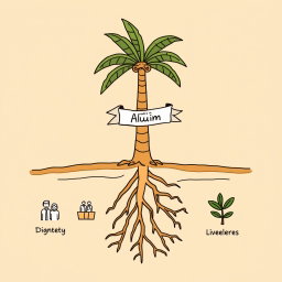 A professional doodle-style illustration for a corporate presentation, depicting roots underground labeled with icons representing different themes: dignity illustrated by a family group, livelihoods by a farmer or worker, and resilience by a palm tree with deep roots