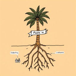 A professional doodle-style illustration for a corporate presentation, depicting roots underground labeled with icons representing different themes: dignity illustrated by a family group, livelihoods by a farmer or worker, and resilience by a palm tree with deep roots