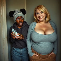 In a poor room, a young African woman aged 19 with very dark skin holds a baby bottle in her hands, her eyes wide open in panic and disbelief