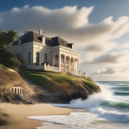 A majestic mansion nestled on a hill, overlooking a beautiful beach. The powerful waves are crashing against the shore.