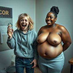 In a poor room setting, a striking scene features a young, malnourished woman with medium-length blonde hair, aged 22, and blue eyes