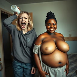 In a poor room setting, a striking scene features a young, malnourished woman with medium-length blonde hair, aged 22, and blue eyes