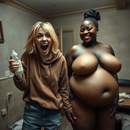 In a poor room setting, a striking scene features a young, malnourished woman with medium-length blonde hair, aged 22, and blue eyes