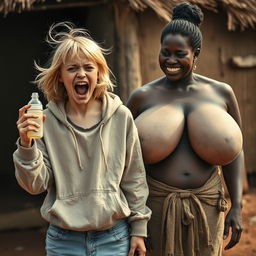 In an African village setting, a striking scene showcases a young, malnourished woman with medium-length blonde hair, aged 22, and blue eyes