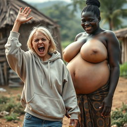 In an African village setting, a striking scene showcases a young, malnourished woman with medium-length blonde hair, aged 22, and blue eyes