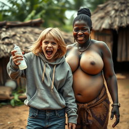 In an African village setting, a striking scene showcases a young, malnourished woman with medium-length blonde hair, aged 22, and blue eyes