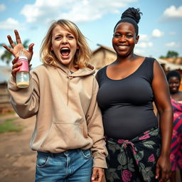 In an African village setting, a striking scene features a young, malnourished woman with medium-length blonde hair, aged 22, and blue eyes