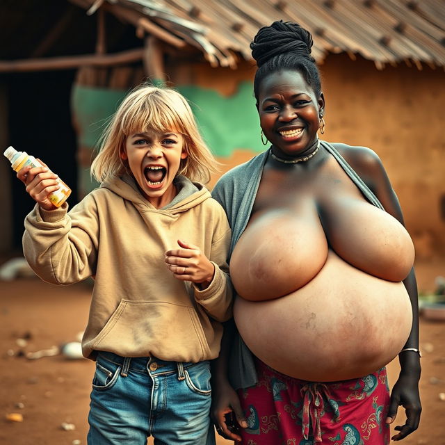In an African village setting, a striking scene features a young, malnourished woman with medium-length blonde hair, aged 22, and blue eyes