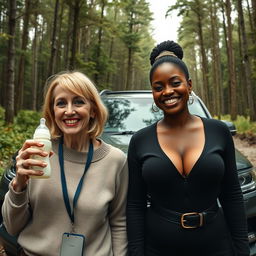 A luxury SUV parked in the middle of an abandoned, dense forest