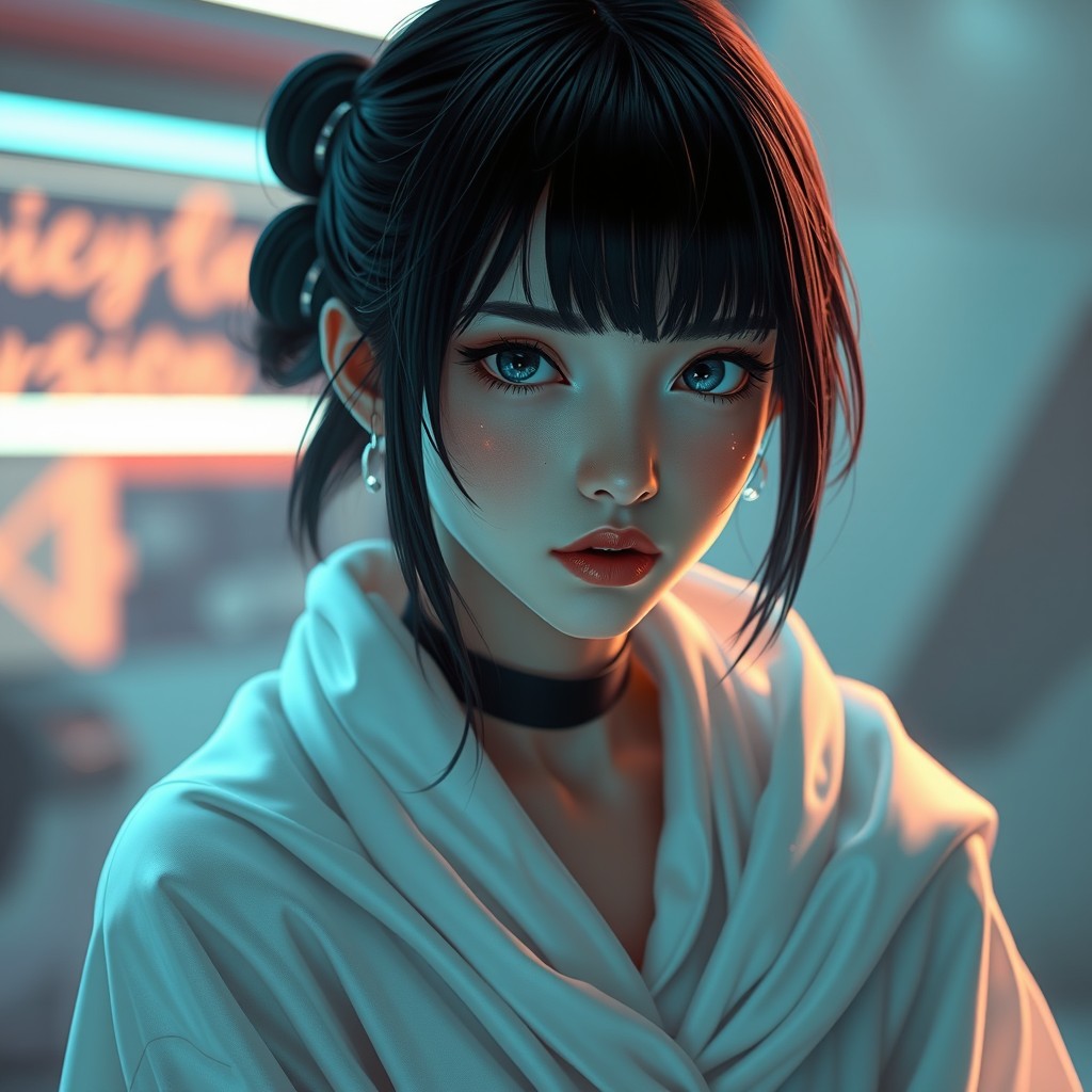 A shy sci-fi girl with striking black hair and captivating grey eyes, elegantly dressed in a flowing white robe that billows softly around her