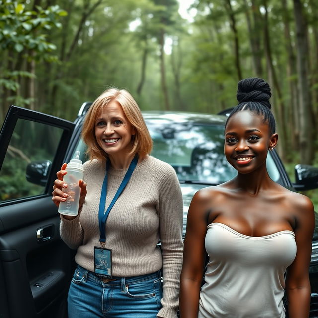 A luxury SUV parked in the middle of an abandoned, dense forest