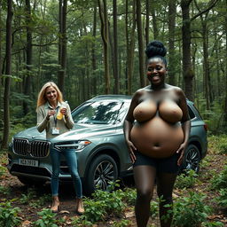 A luxury SUV parked amidst an abandoned, dense forest