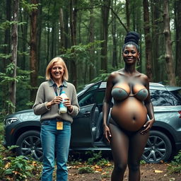 A luxury SUV parked amidst an abandoned, dense forest