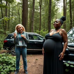 A luxury SUV parked amidst an abandoned, dense forest