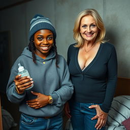 In a poor room, a malevolent 19-year-old African woman with very dark skin stands with a baby bottle in hand
