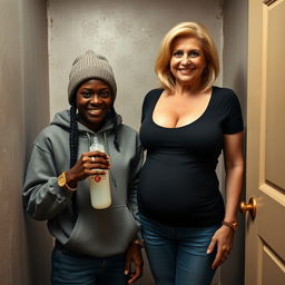 In a poor room, a malevolent 19-year-old African woman with very dark skin stands with a baby bottle in hand