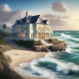 A majestic mansion nestled on a hill, overlooking a beautiful beach. The powerful waves are crashing against the shore.