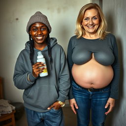 In a poor room, a malevolent 19-year-old African woman with very dark skin stands holding a baby bottle