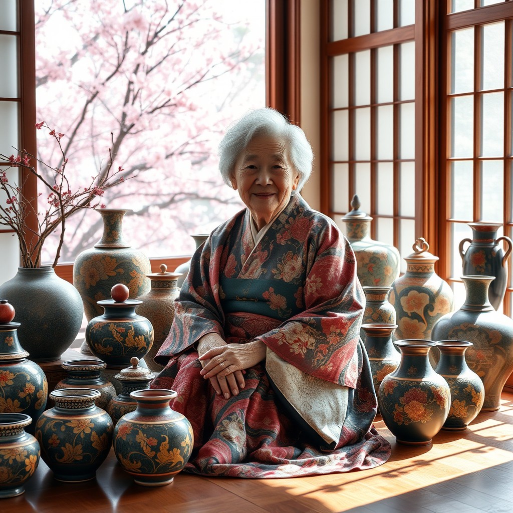 An elderly woman sitting gracefully, surrounded by a variety of colorful and decorative Japanese Kintsugi ceramics