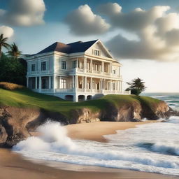 A majestic mansion nestled on a hill, overlooking a beautiful beach. The powerful waves are crashing against the shore.