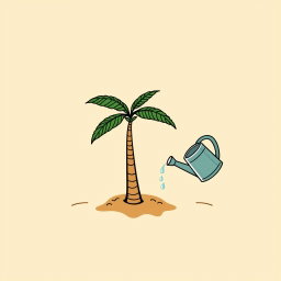A professional doodle-style illustration for a corporate presentation, featuring a single small palm tree planted in desert soil, accompanied by a watering can that is pouring water once