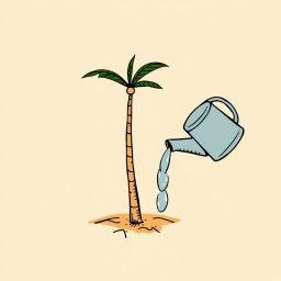 A professional doodle-style illustration for a corporate presentation, featuring a single small palm tree planted in desert soil, accompanied by a watering can that is pouring water once