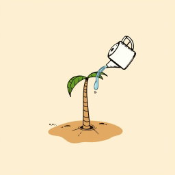 A professional doodle-style illustration for a corporate presentation, featuring a single small palm tree planted in desert soil, accompanied by a watering can that is pouring water once