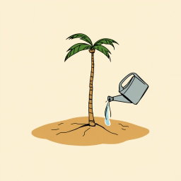 A professional doodle-style illustration for a corporate presentation, featuring a single small palm tree planted in desert soil, accompanied by a watering can that is pouring water once